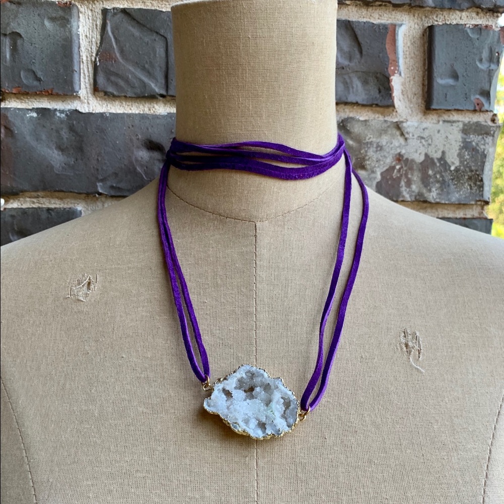 Multi-Way Bracelet + Necklace Purple Suede + White Druzy Stone - Picture 2 of 9